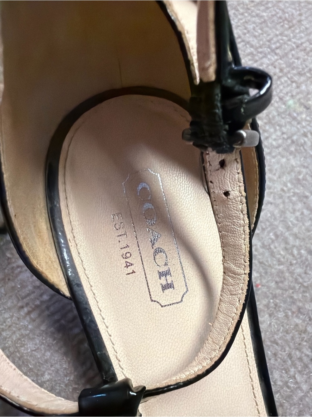 Coach Black Patent Leather T-Strap Sandals with Silver Medallion Accent - Picture 3 of 5